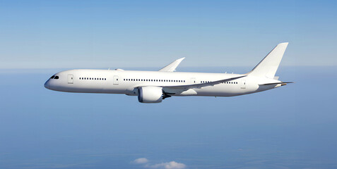 Obraz premium White Passenger Jet Airplane Boeing 787 Side View Flying Against Clear Blue Sky