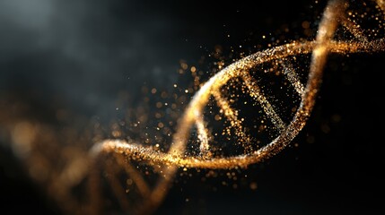 Golden DNA Helix - Microscopic View of Genetic Code, Illuminated Particles.