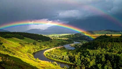 Colorful double rainbow over a valley
