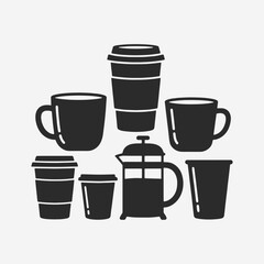 The flat design concept for a collection of coffee cups and mugs silhouettes focuses on simplicity, elegance, and ease of recognition.