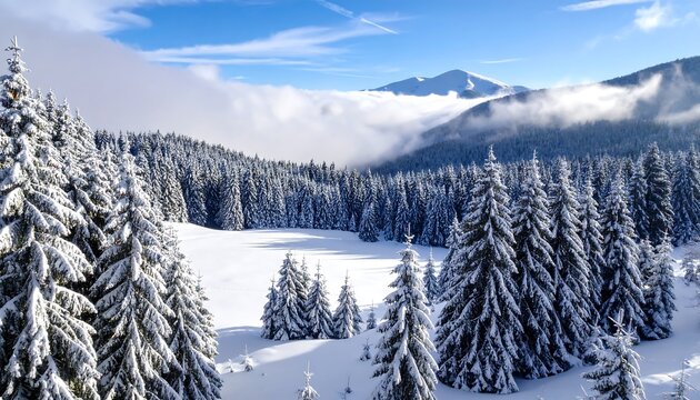 Snowy mountain landscape with pine trees (2) - Powered by Adobe