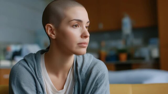 Pensive young caucasian woman with buzz cut in cozy home interior