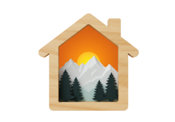 Isolated nature scene in home shape, vacation cabin and mountains for rustic living art