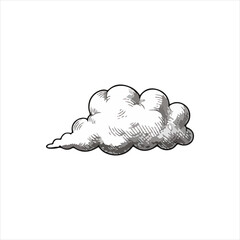 Hand-drawn illustration of a stylized cumulus cloud, outlined and shaded in grayscale.