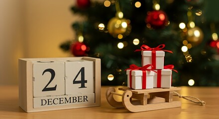 wrapped gifts and christmas tree with decoration Christmas eve time concept | Date 24 December on calendar Christmas gifts lying under decorated