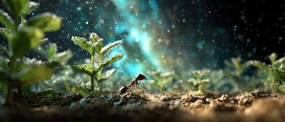 Macro View of Shrimp in a Lush Aquatic Environment with Glowing Light.