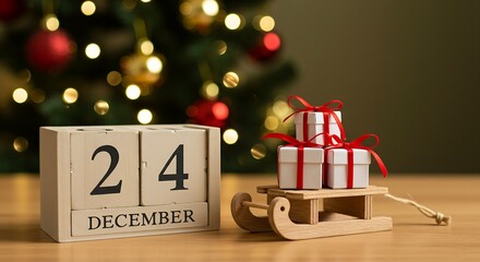 wrapped gifts and christmas tree with decoration Christmas eve time concept | Date 24 December on calendar Christmas gifts lying under decorated