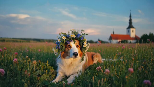 A floral crown and headband adorn a Corgi dog in the midst of a vibrant flower field, possibly from a rural setting.