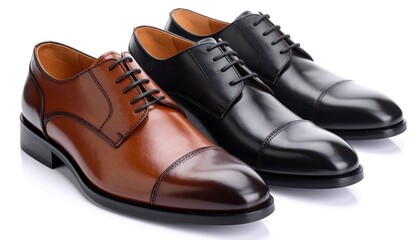 Three polished leather dress shoes, brown and black, in a studio setting