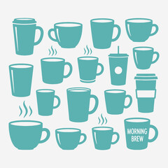The flat design concept for a collection of coffee cups and mugs silhouettes focuses on simplicity, elegance, and ease of recognition.