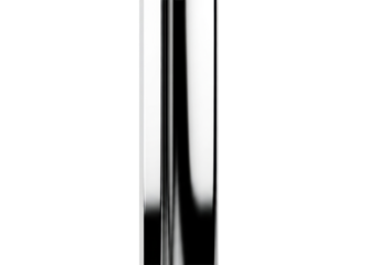A single, perfectly cut, vertically oriented strip of highly polished chrome metallic silver adhesive, against a pure transparent background with ample copy space, concept of futuristic precision