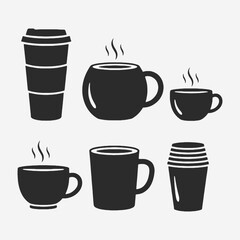 The flat design concept for a collection of coffee cups and mugs silhouettes focuses on simplicity, elegance, and ease of recognition.