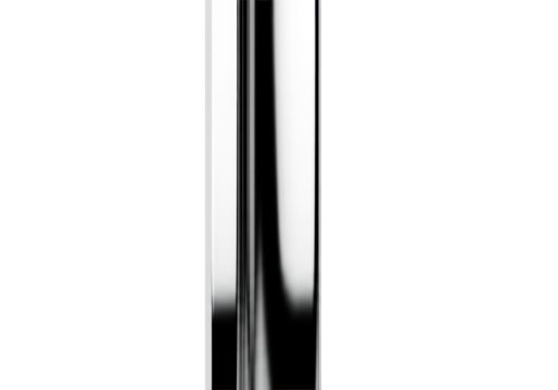 A single, perfectly cut, vertically oriented strip of highly polished chrome metallic silver adhesive, against a pure transparent background with ample copy space, concept of futuristic precision
