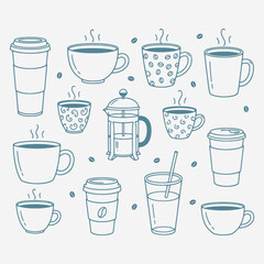 The flat design concept for a collection of coffee cups and mugs silhouettes focuses on simplicity, elegance, and ease of recognition.
