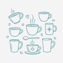 The flat design concept for a collection of coffee cups and mugs silhouettes focuses on simplicity, elegance, and ease of recognition.