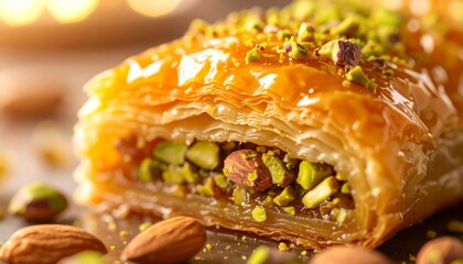 Delicious Golden Baklava Pastry with Pistachios and Almond Nuts Dessert