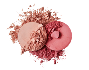 Two blush compacts, light and dark pink, surrounded by scattered powder