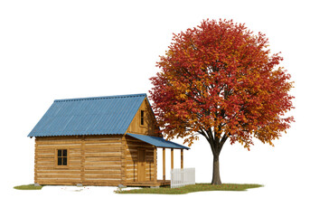 Isolated log cabin with blue corrugated metal roof and a colorful autumnal tree nearby