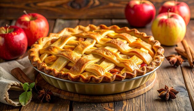 Golden-brown lattice apple pie in black tin, surrounded by red apples, cinnamon sticks, and star anise on rustic wood — autumnal warmth, crafted tradition, symbolic comfort.