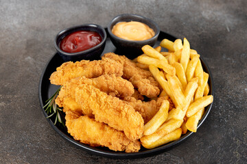 Crispy chicken strips with ketchup and cheese sauce on a dark background. Close-up. Fast food.