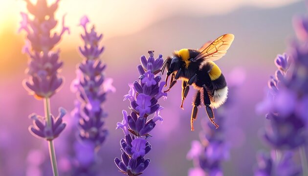 Bee on lavender at sunset