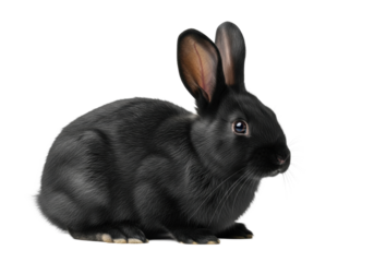Young black European wild rabbit in coiled crouch, intensely alert, sharp eyes, sleek fur, on transparent studio background with copy space, embodying wild instinct