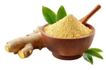 Ground ginger in a wooden bowl, alongside fresh ginger root and leaves