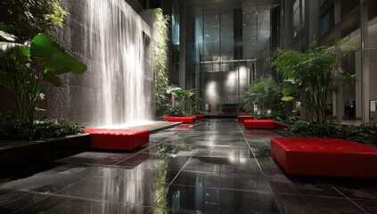 Modern indoor waterfall atrium at night