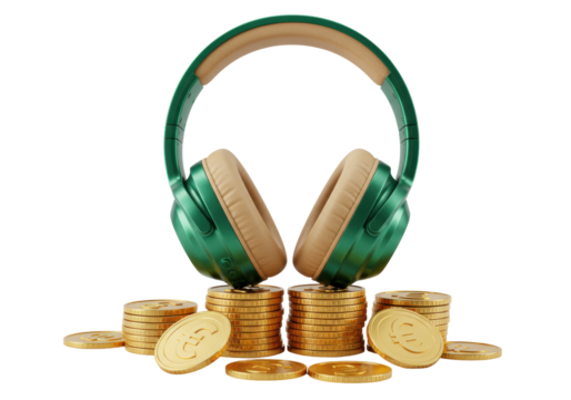 Isolated teal headphones resting on stacks of Euro coins symbolizing financial investment