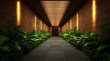 Lush Eco Resort Corridor with Natural Lighting and Green Foliage