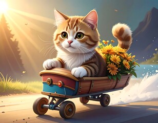 Cute kitten in a wooden cart