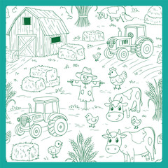 Hand Drawn Farm Life Illustration with Barn and Cows.
