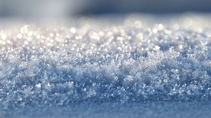 Close-up of a snow surface with sunlight reflecting off countless tiny ice crystals, creating a sparkling, textured, and slightly blurred background.  The snow 