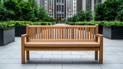 Modern Park Bench Surrounded by Lush Greenery in an Urban Setting