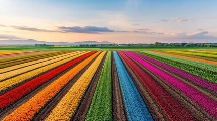 Vibrant Rows of Tulips on a Modern Suburban Farm with Beautiful Sunset Background