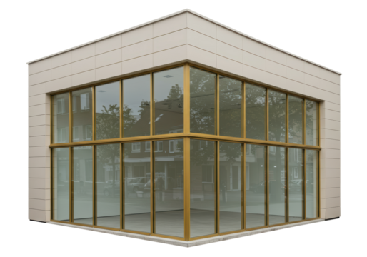 Isolated building front, store, commercial real estate with panoramic windows, showcase