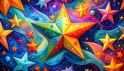 A vibrant display of multi-colored stars, set against a backdrop of swirling cosmic nebulae, creates a visually stunning and imaginative artwork.