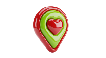 Isolated Heart Shape Location Pin, Red and Green Glossy 3D, Romantic Holiday Design Element
