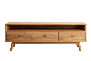 Light oak TV stand with three drawers and open shelf