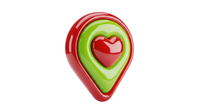 Isolated Heart Shape Location Pin, Red and Green Glossy 3D, Romantic Holiday Design Element