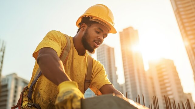 Focused african american worker wears hardhat and glove performing essential labor on urban construction site project under bright sun flare illustrating development and progress.