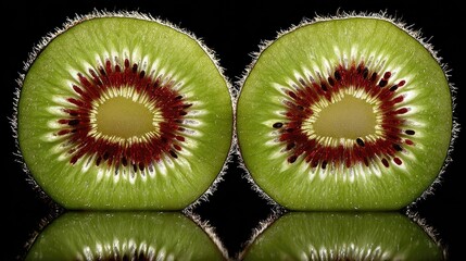 Two perfectly halved kiwi fruit slices, vibrant green flesh with dark red core, set against a black background with subtle reflections