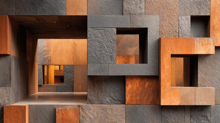 Abstract architectural facade of layered stone and recessed square openings, showcasing warm rusty and cool grey tones