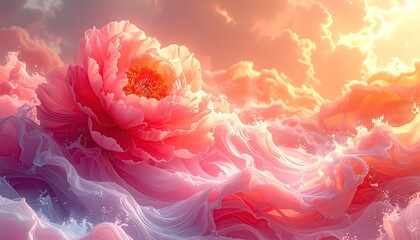 Ethereal Pink Peony Bloom Amidst Swirling Clouds and Watery Waves