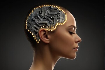 Closeup portrait of a woman's brain with circuit board pattern, glowing on black background in futuristic theme.
