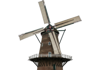 Isolated Dutch Windmill on Clear Backdrop, Historic Landmark, Traditional Tower with Sails