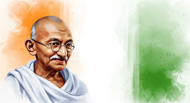 Happy Gandhi Jayanti 2 October Digital Painting of Mahatma Gandhi  A Tribute to Bapu&rsquo;s Ideals of Courage, Sacrifice, and Moral Strength Tiranga Background