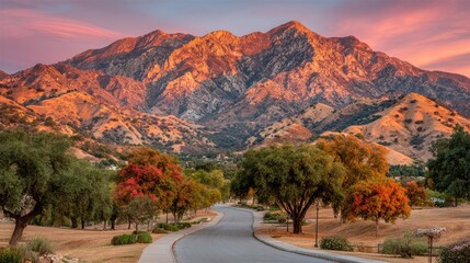 Sunrise illuminates a curving road leading towards a majestic, sun-kissed mountain range, with autumnal trees lining the way
