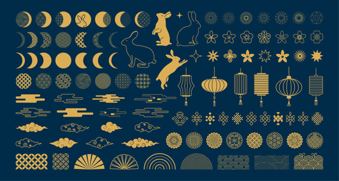 Mid Autumn Festival gold elements set. Chinese traditional ornaments. Collection of flowers, rabbits, moon, mooncakes, lantern, firework, cloud. Line art vector for holiday decor, card, poster, banner