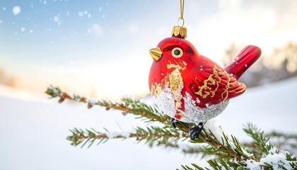 Christmas bird ornament on snowy branch